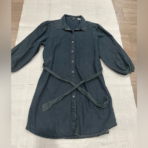 [M]Velvet Heart Dark Denim Balloon Long Sleeve Shirt Dress Belted - Picture 2 of 9